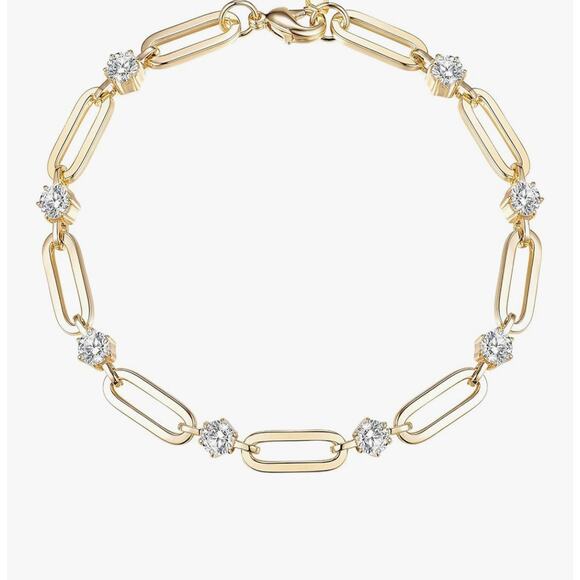 Paperclip Bracelet with CZ Stones – 7” Gold Chain Strand - Picture 1 of 3